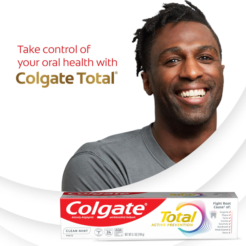 Colgate Total Active Prevention Clean Mint Toothpaste, Anticavity Fluoride Toothpaste, Clinically Proven Formula That Fights Plaque Bacteria, Mint, 4 Pack, 5.1 oz