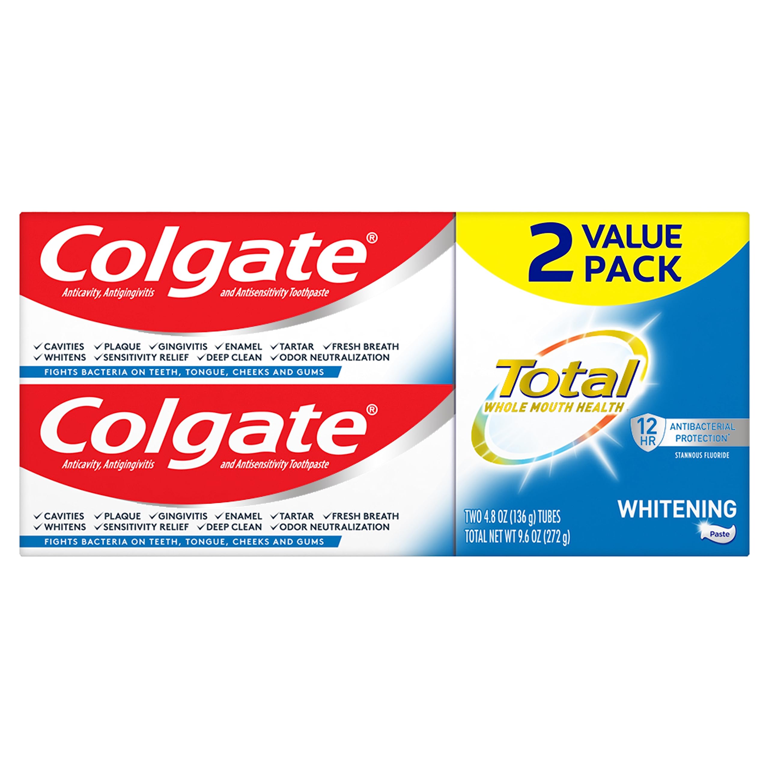 Colgate Total Whitening Toothpaste with Stannous Fluoride 4.8 oz - Pack of 2