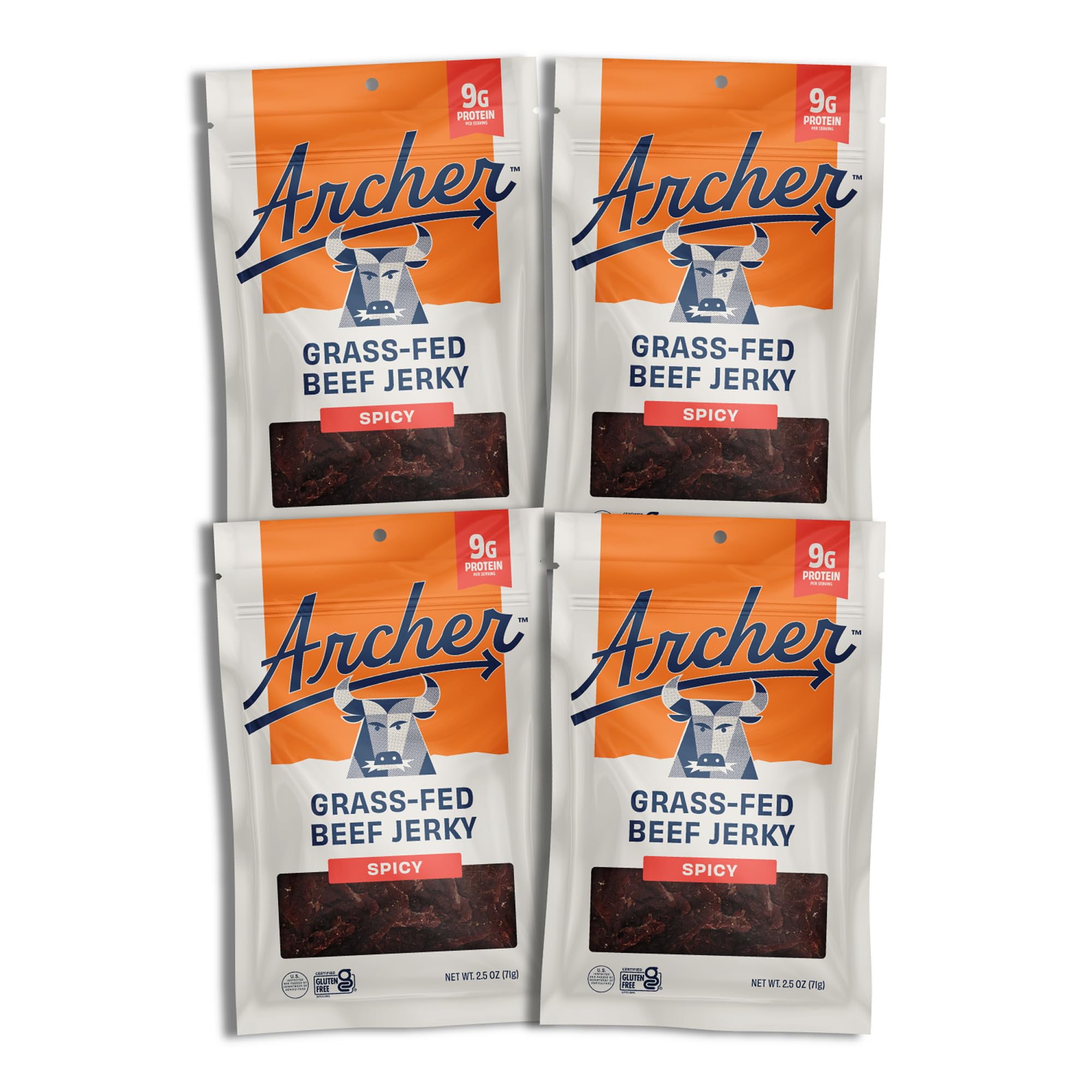 Country Archer Grass Fed Beef Jerky - Beef Snack Pack, Bulk Individual Bags, Protein Snack, Gluten Free, Real Ingredients, Spicy Flavor - Fuego Flavor, 2.5 Oz (Pack Of 4)