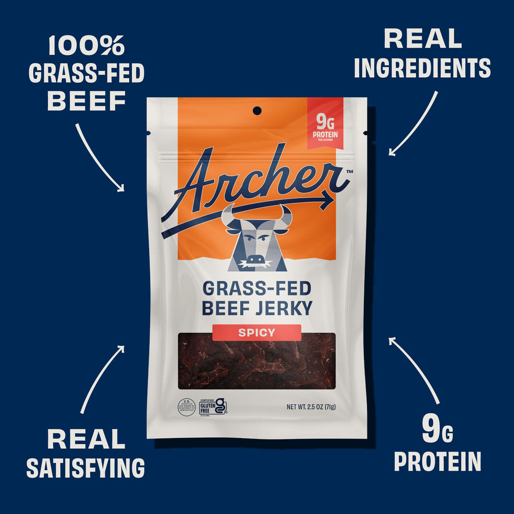 Country Archer Grass Fed Beef Jerky - Beef Snack Pack, Bulk Individual Bags, Protein Snack, Gluten Free, Real Ingredients, Spicy Flavor - Fuego Flavor, 2.5 Oz (Pack Of 4)