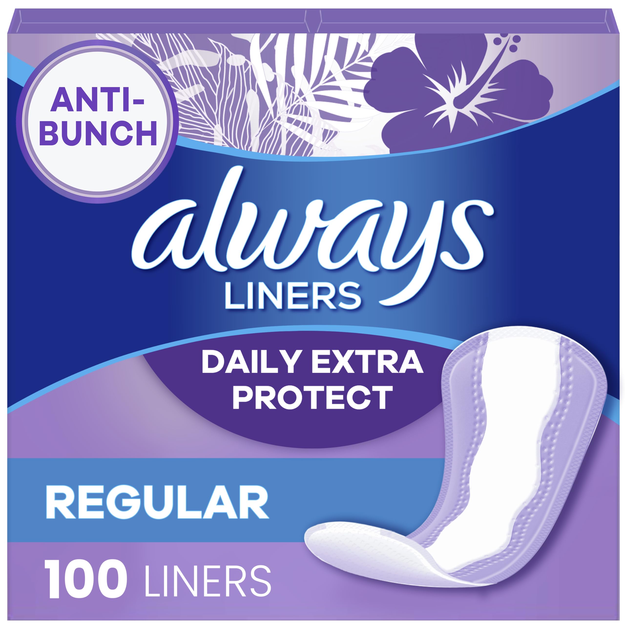 Always Anti-Bunch Xtra Protection, Panty Liners For Women, Light Absorbency, Regular Length, Leakguard + Rapiddry, Unsented, 100 Count (Packaging May Vary)