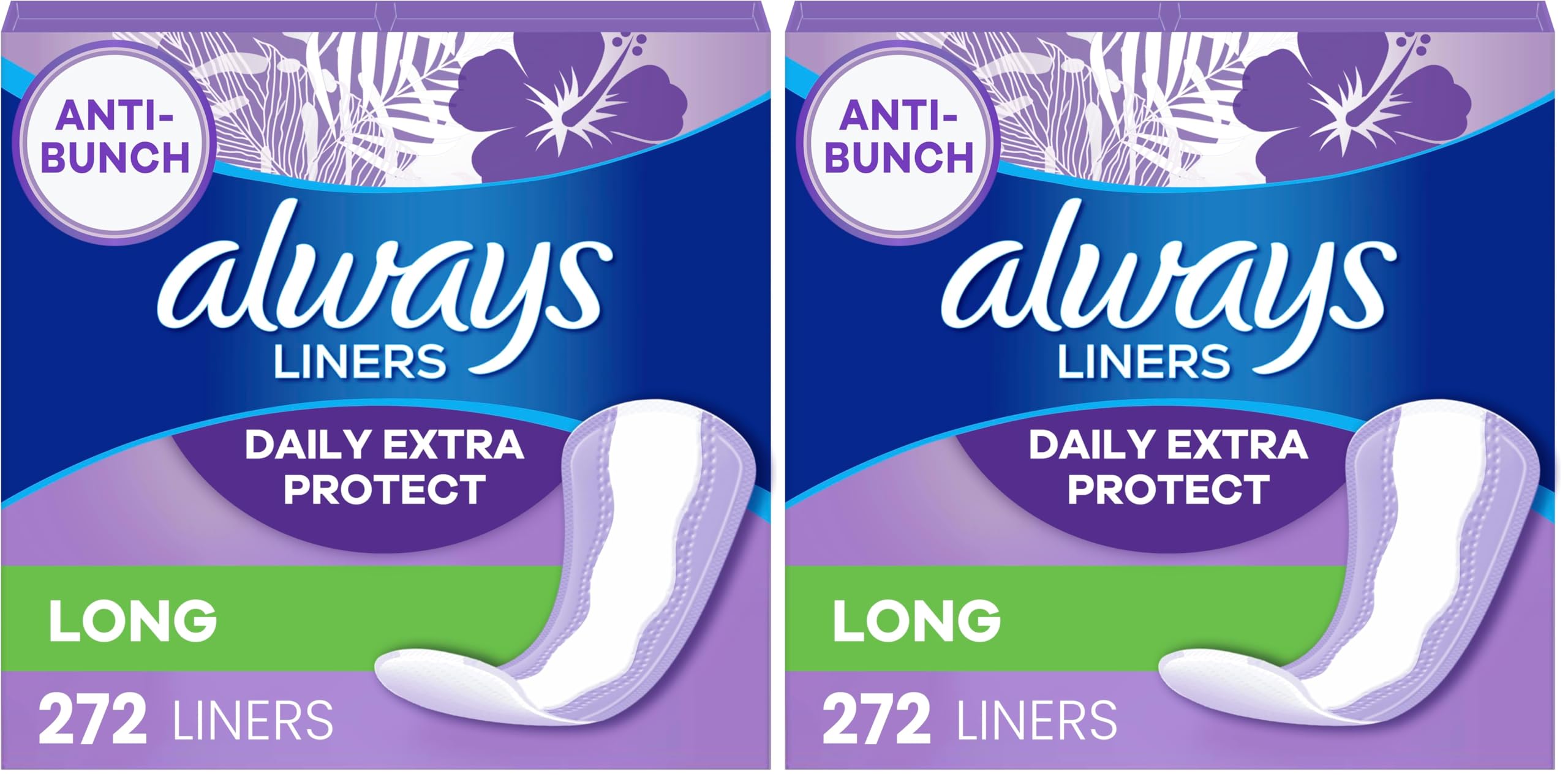 Always Daily Extra Protect Liners, Long Length, Unscented Panty Liners, 272 Count (2 Packs of 136)