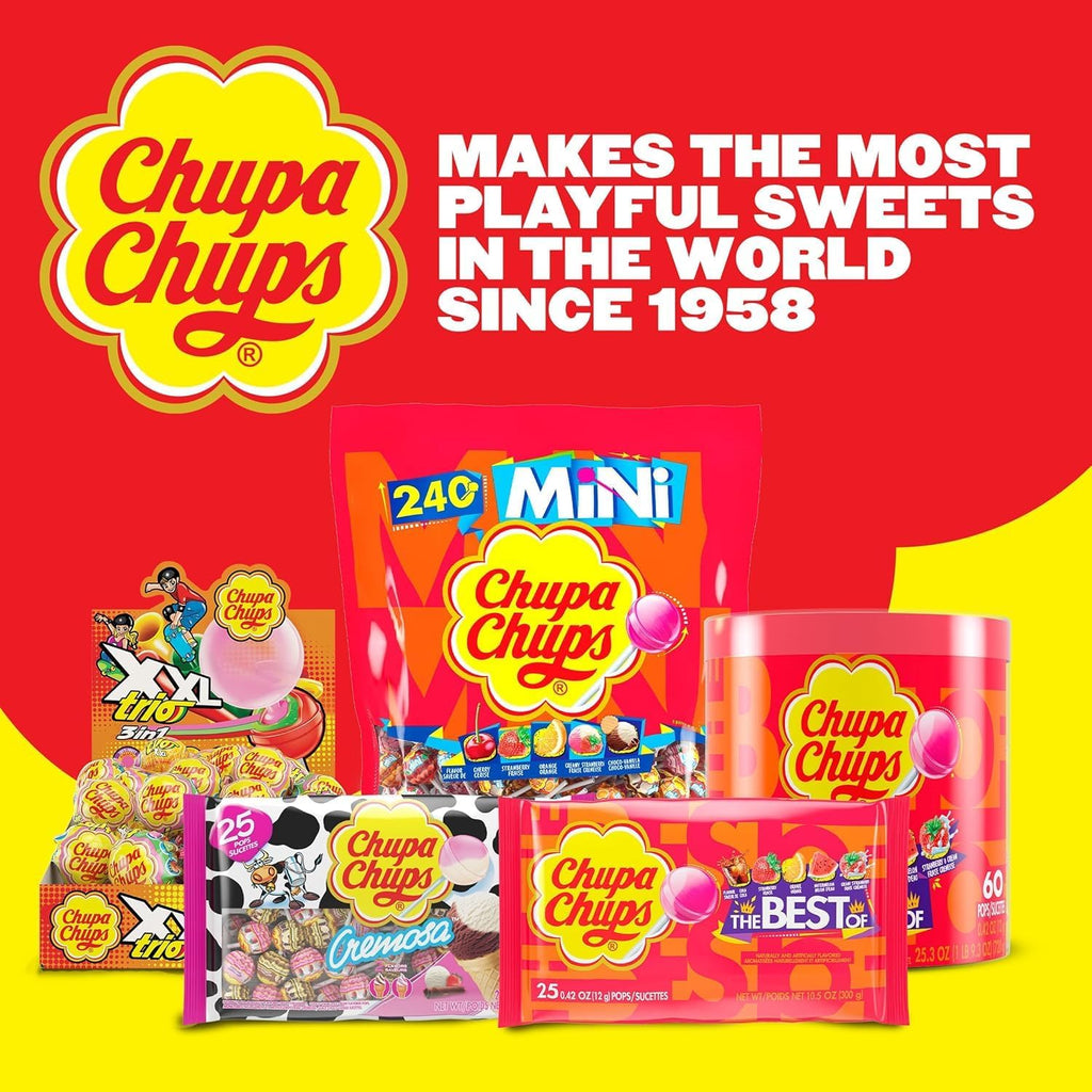 Chupa Chups ‘Best Of’ Lollipop Assortment, 5 Flavors, Individually Wrapped Candy for Kids, 25.3 Oz Drum (60 Suckers)