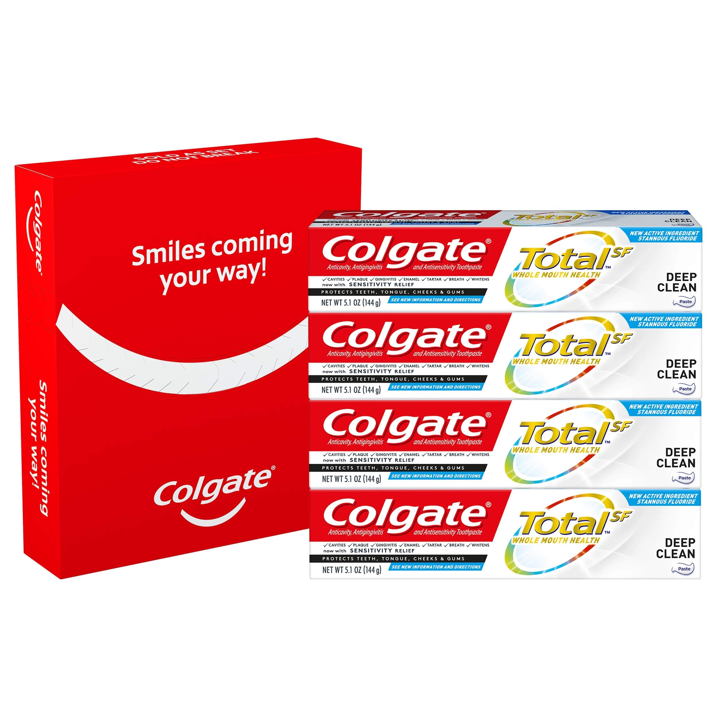 Colgate Total Toothpaste with Stannous Fluoride and Zinc, Multi Benefit Toothpaste with Sensitivity Relief and Cavity Protection, Deep Clean - 5.1 ounce (4 Pack)