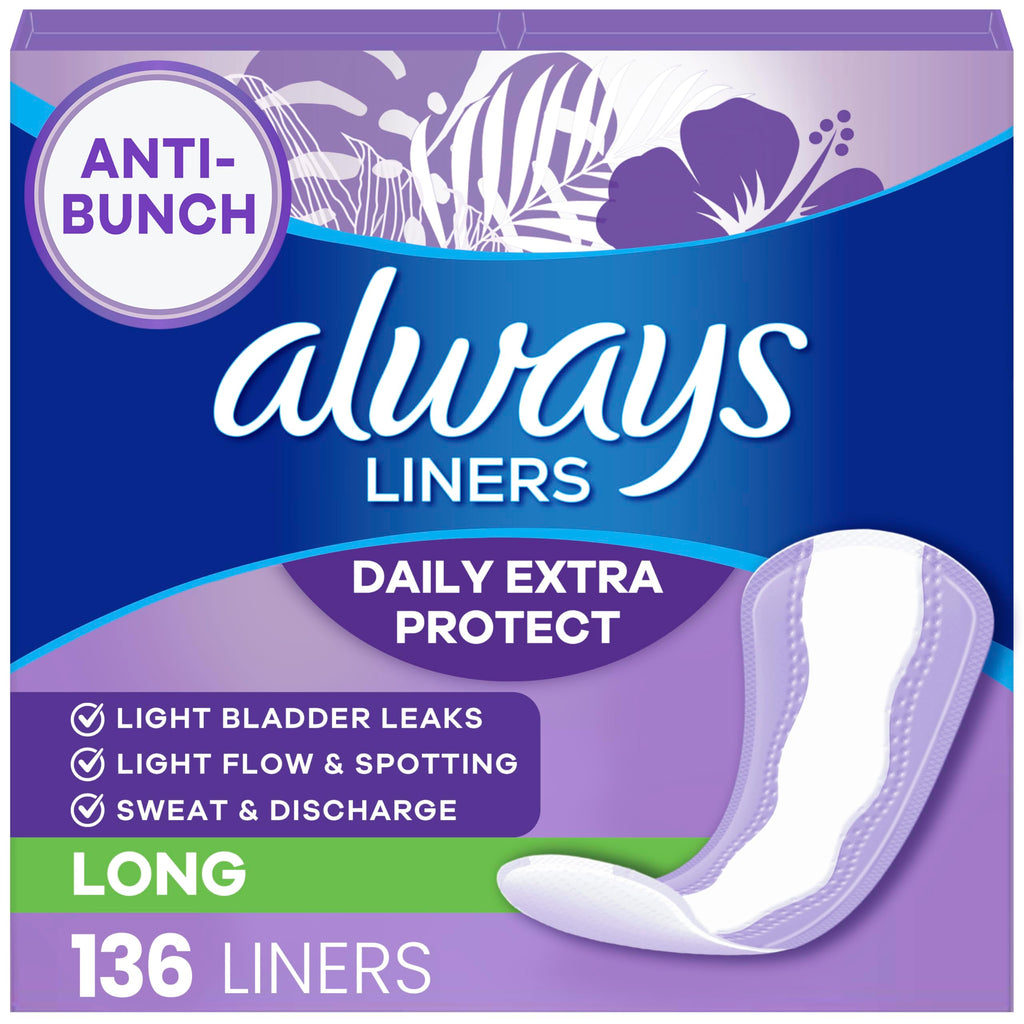 Always Daily Extra Protect Liners, Long Length, Unscented Panty Liners, 136 Count