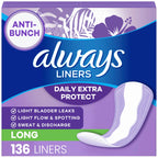 Always Daily Extra Protect Liners, Long Length, Unscented Panty Liners, 136 Count