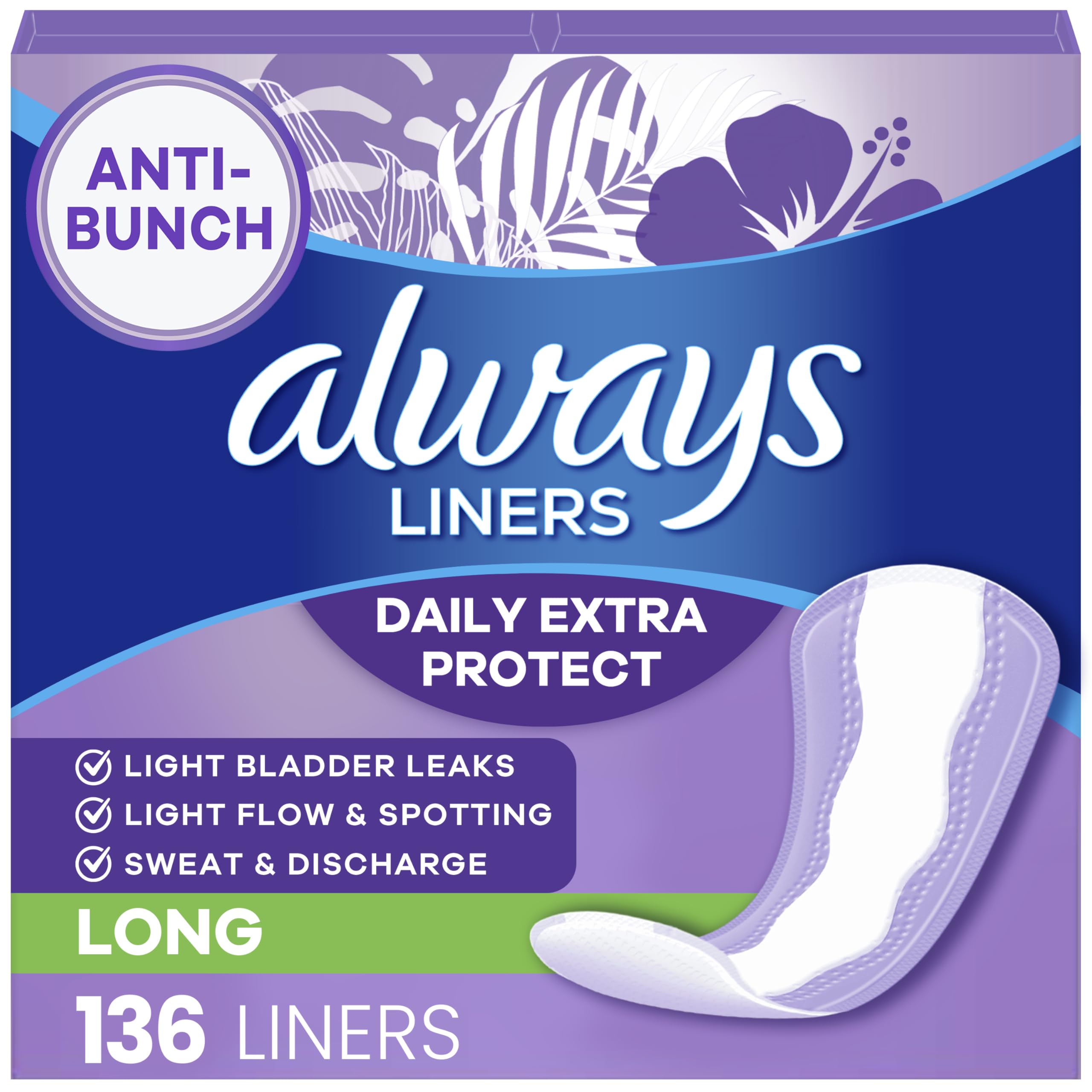 Always Daily Extra Protect Liners, Long Length, Unscented Panty Liners, 136 Count