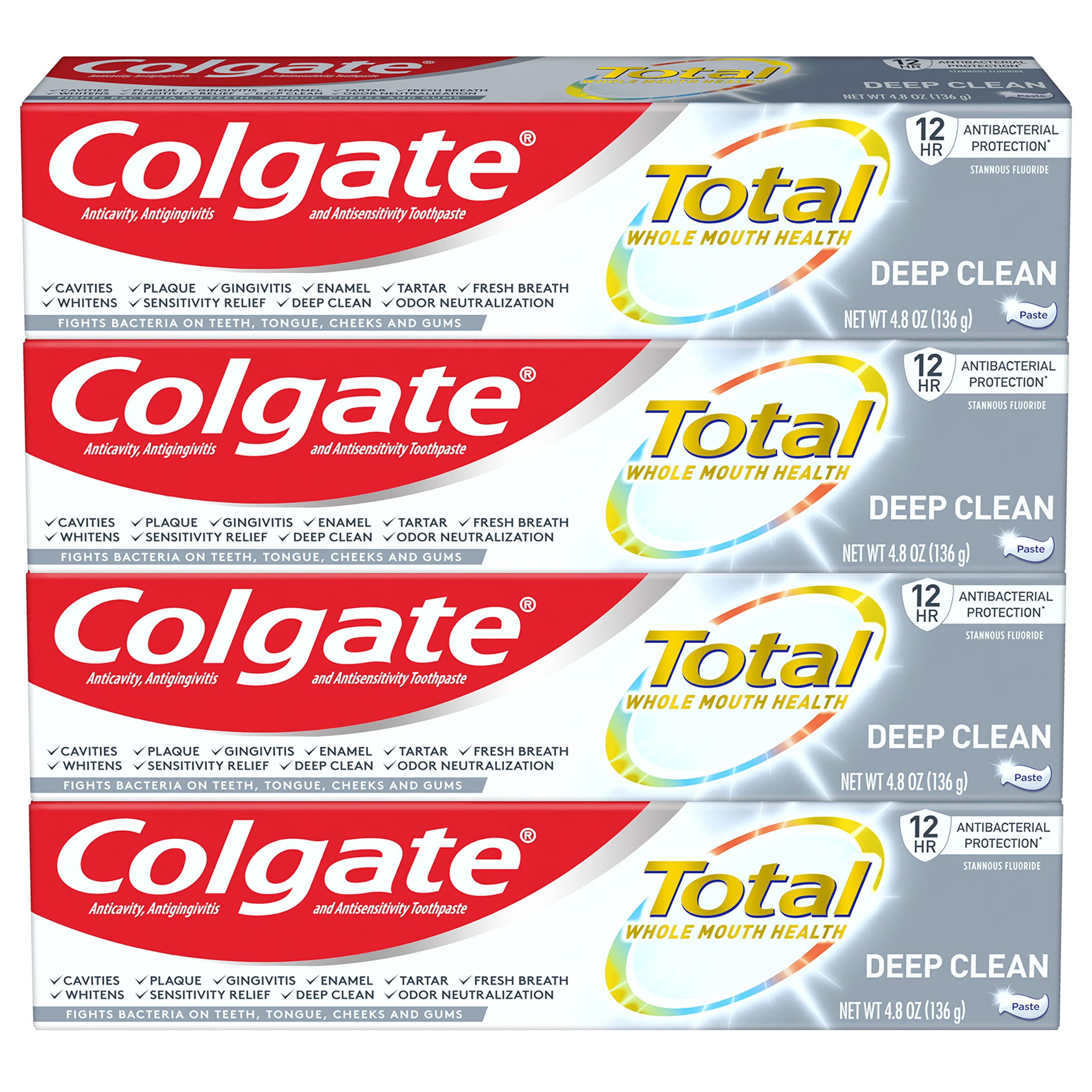 Colgate Total Toothpaste with Stannous Fluoride and Zinc, Multi Benefit Toothpaste with Sensitivity Relief and Cavity Protection, Deep Clean - 4.8 Ounce (4 Pack)
