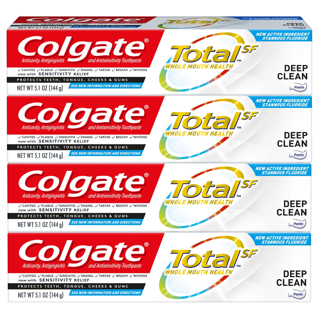 Colgate Total Toothpaste with Stannous Fluoride and Zinc, Multi Benefit Toothpaste with Sensitivity Relief and Cavity Protection, Deep Clean - 5.1 ounce (4 Pack)