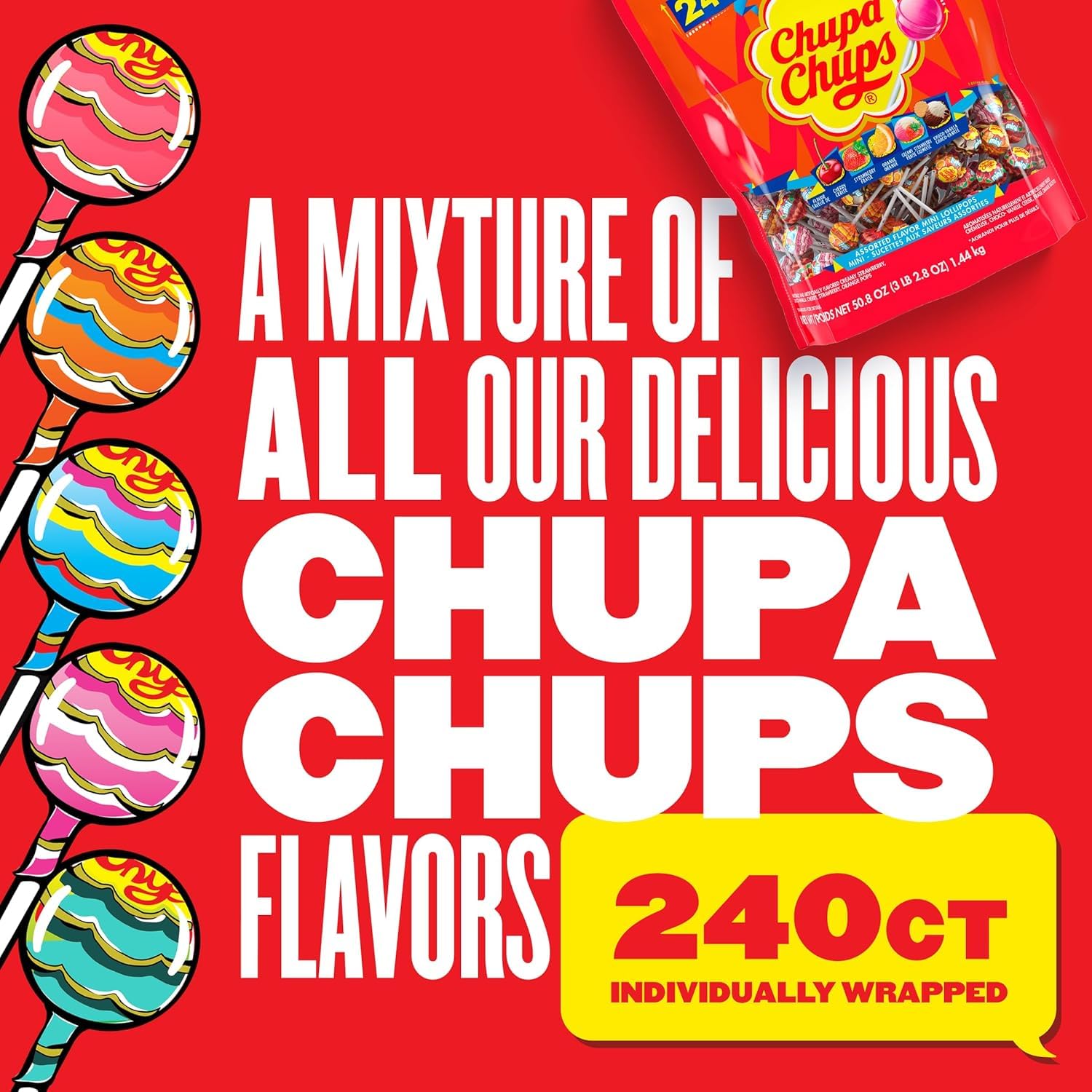 Chupa Chups ‘Best Of’ Lollipop Assortment, 5 Flavors, Individually Wrapped Candy for Kids, 25.3 Oz Drum (60 Suckers)