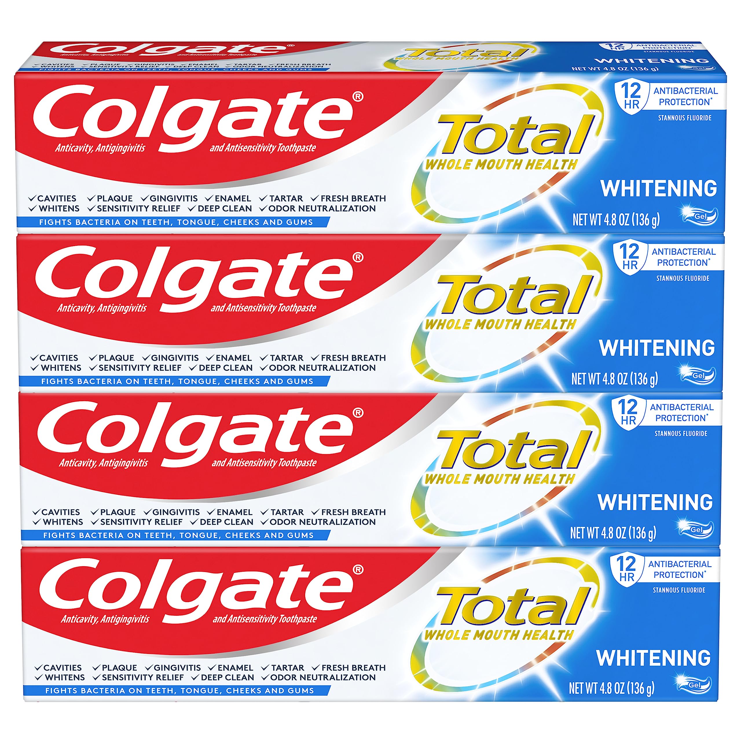 Colgate Total Whitening Toothpaste Gel 4.8 oz - 4 Pack