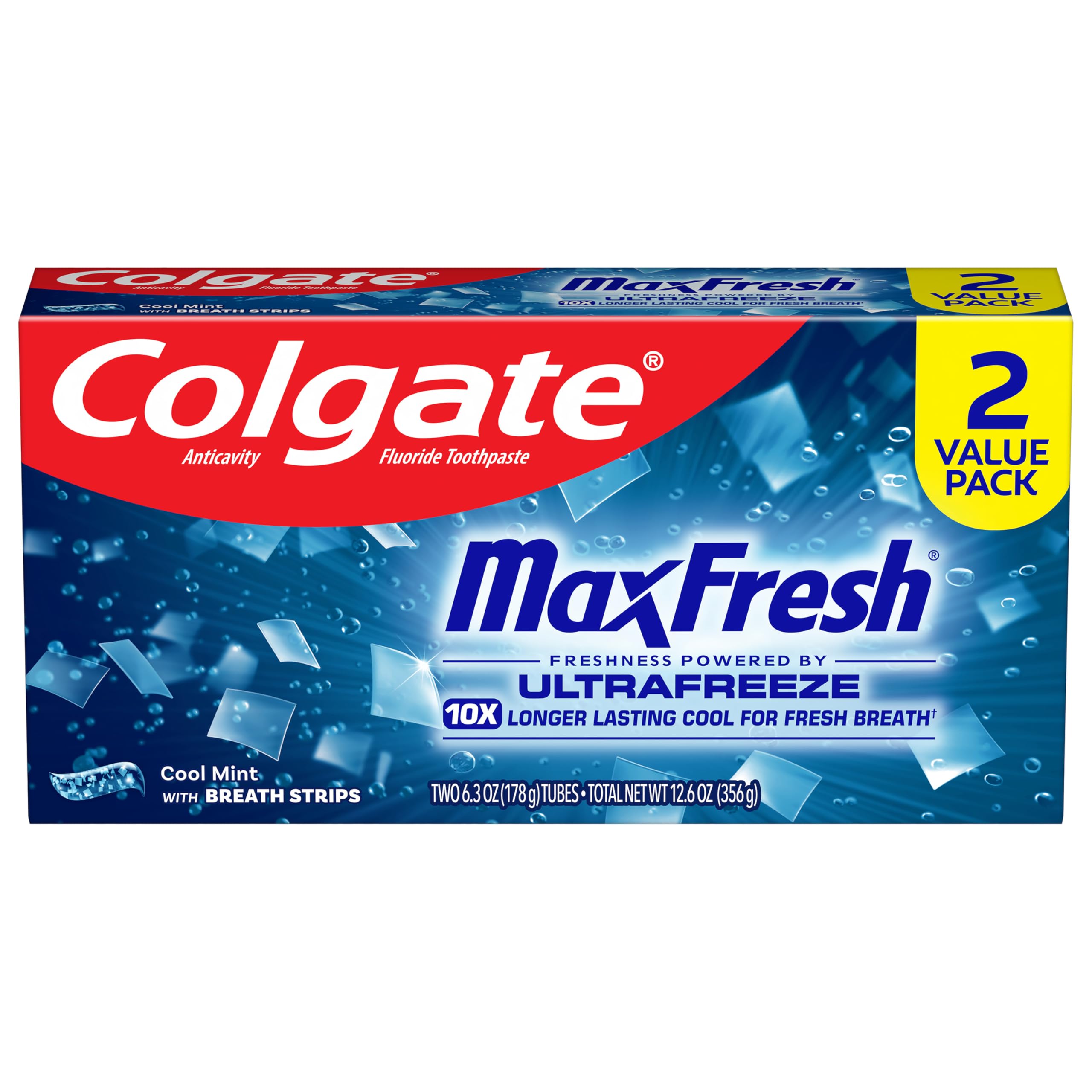 Colgate MaxFresh Cool Mint Toothpaste Pack, Fresh Breath Toothpaste with Fluoride and Hundreds of Mini Breath Strips, Leaves Mouth Feeling Refreshed for Hours, 2 Pack, 6.3 oz