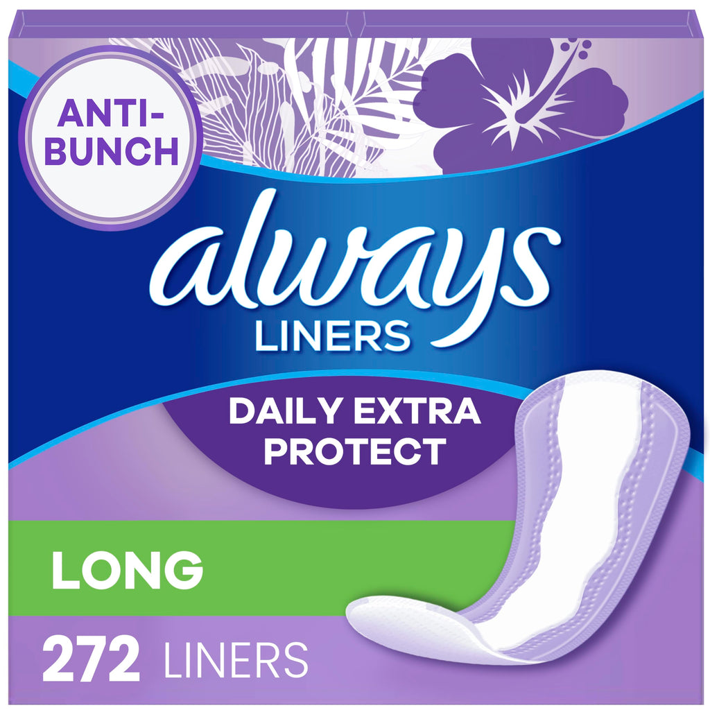 Always Daily Extra Protect Liners, Long Length, Unscented Panty Liners, 272 Count (2 Packs of 136)