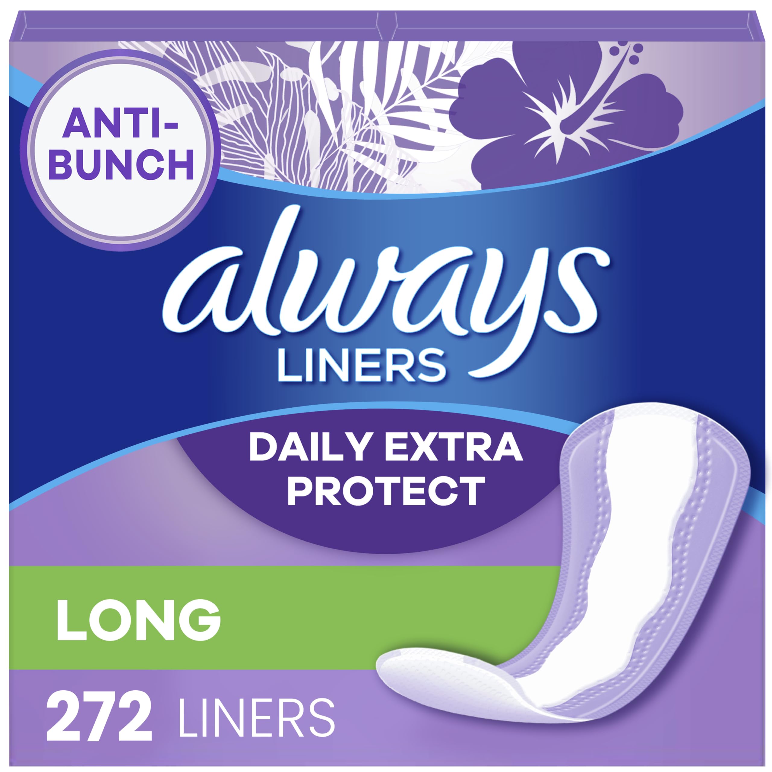 Always Daily Extra Protect Liners, Long Length, Unscented Panty Liners, 272 Count (2 Packs of 136)