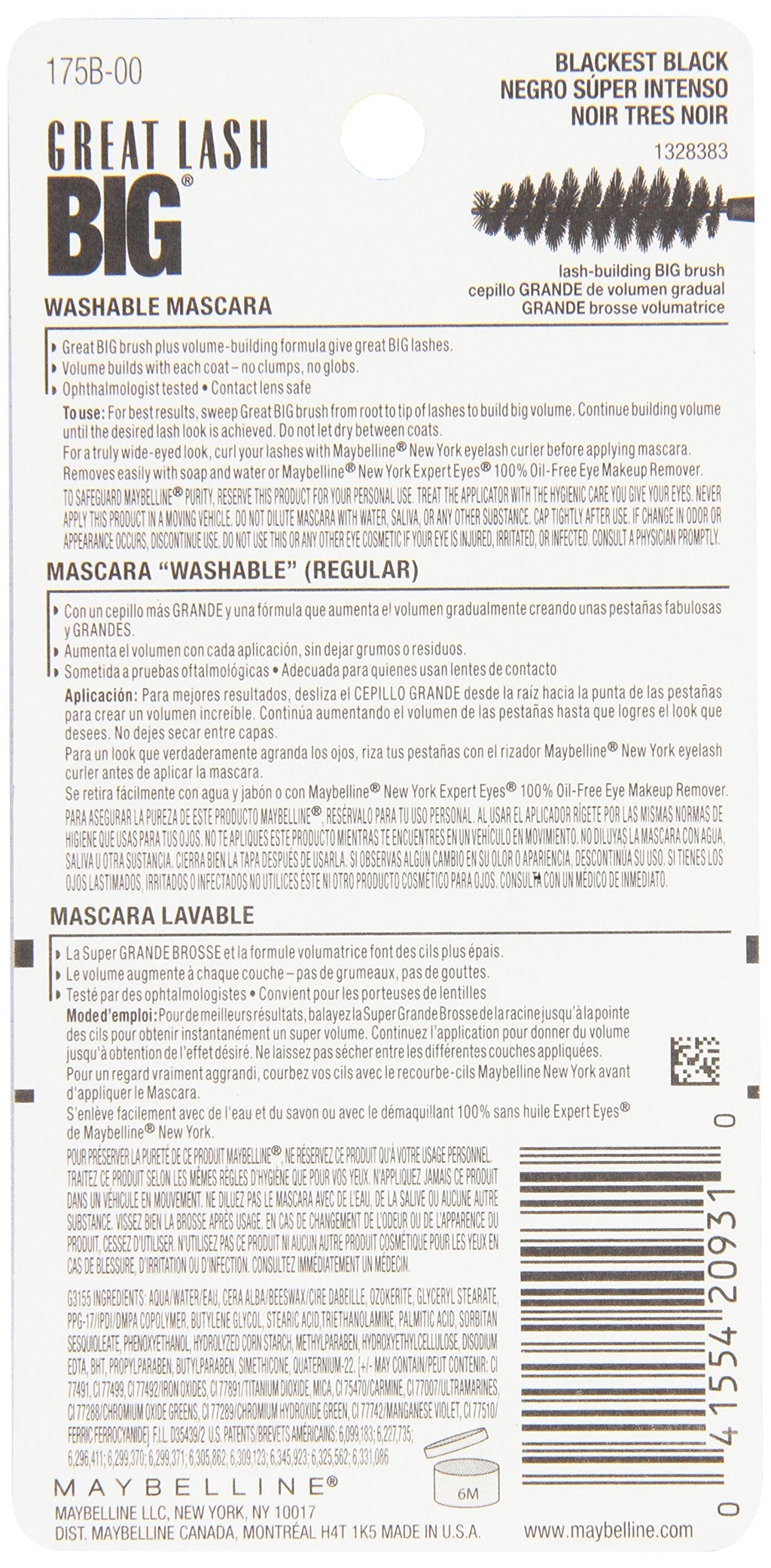Maybelline New York Great Lash Washable Mascara Makeup, Blackest Black, 2 Count