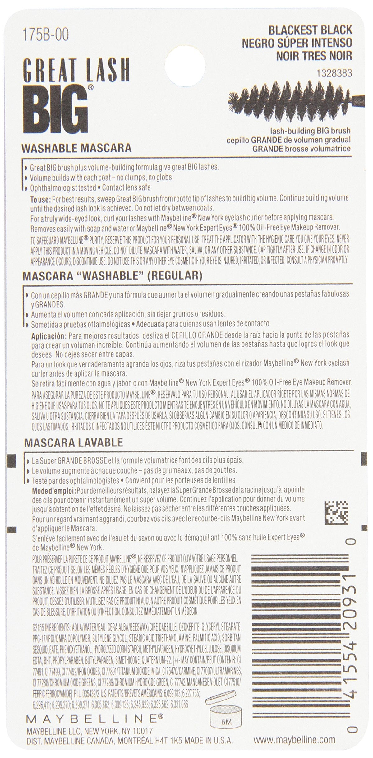 Maybelline New York Great Lash Washable Mascara Makeup, Blackest Black, 2 Count