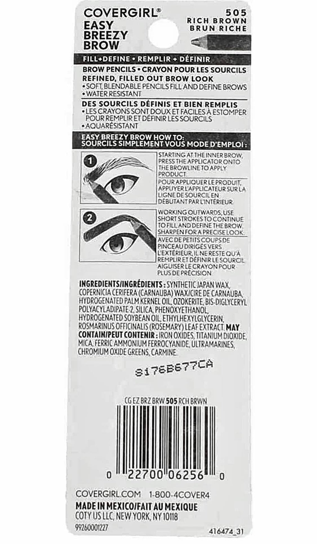 CoverGirl Easy Breezy Brow, Fill+Define Pencils [505] Rich Brown 2 ea ( Pack of 4)