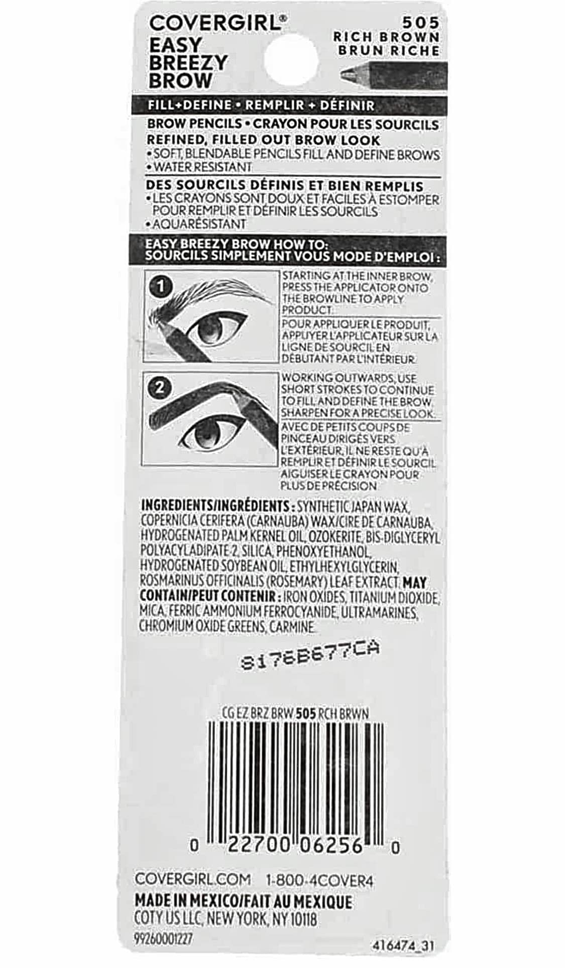 CoverGirl Easy Breezy Brow, Fill+Define Pencils [505] Rich Brown 2 ea ( Pack of 4)