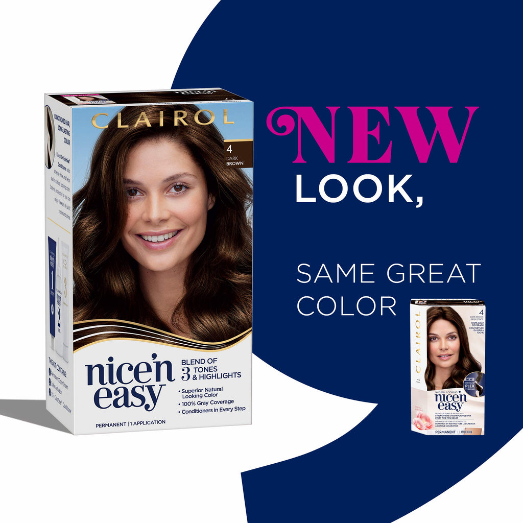 Clairol Nice'n Easy Permanent Hair Dye, 4 Dark Brown Hair Color, 3 Count