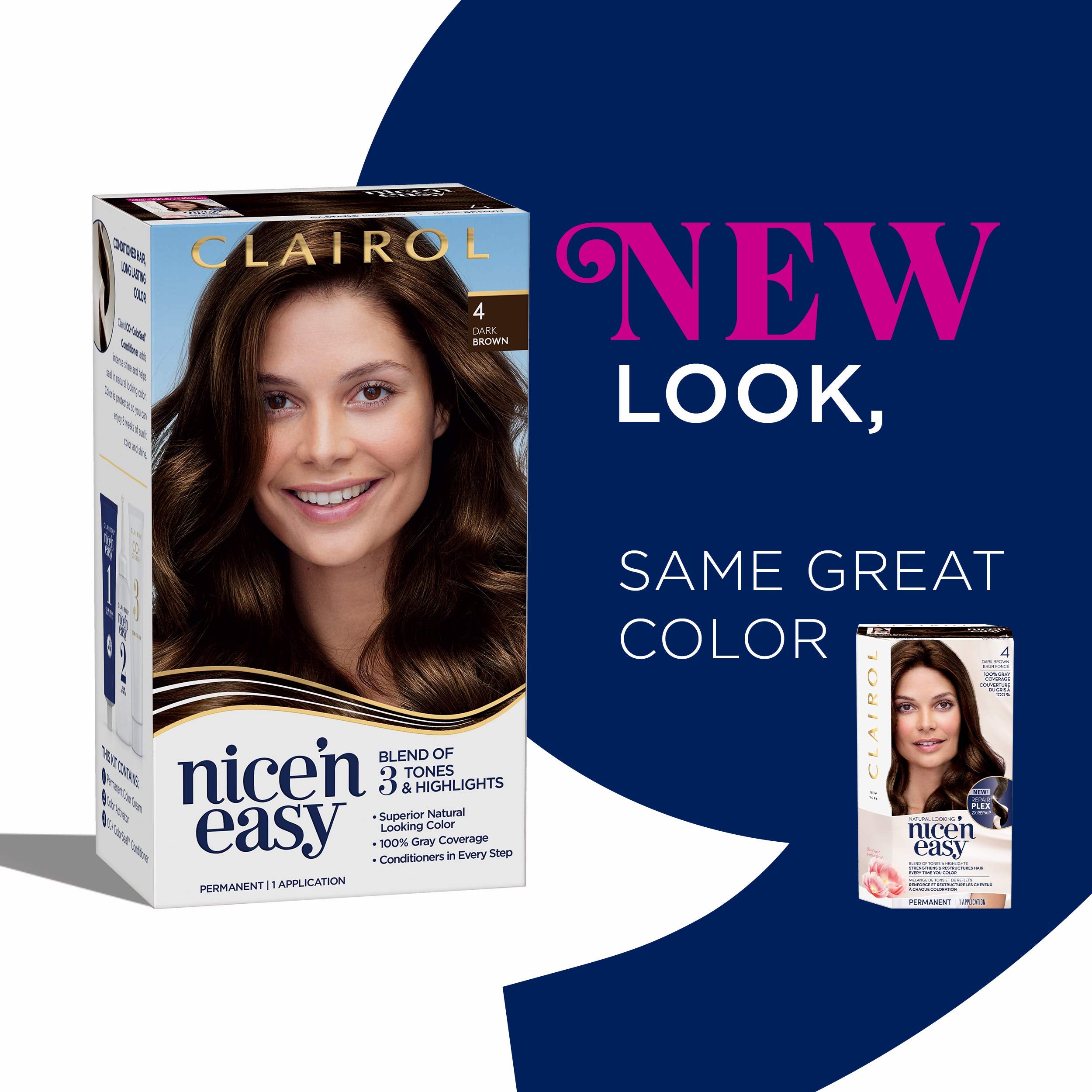 Clairol Nice'n Easy Permanent Hair Dye, 4 Dark Brown Hair Color, 3 Count