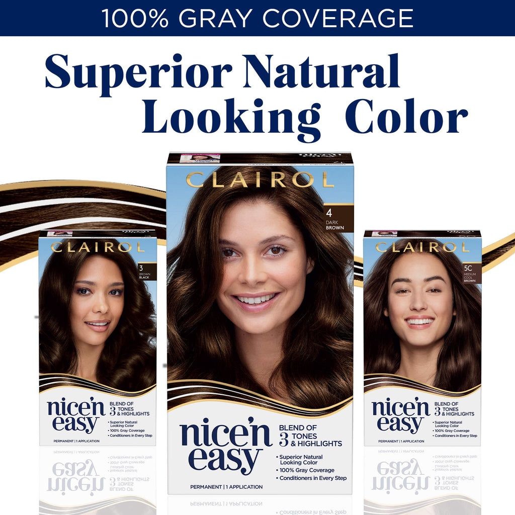 Clairol Nice'n Easy Permanent Hair Dye, 4 Dark Brown Hair Color, 3 Count