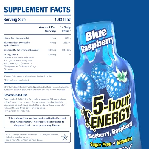 5 Hour Energy Extra Strength Blue Raspberry Energy Shot | 12-Pack (1.93 oz each)